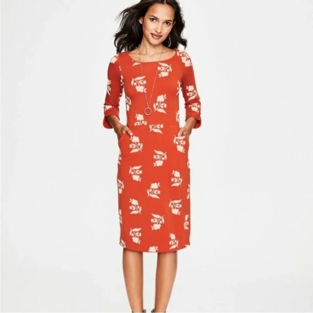 Boden Jessie Jersey Knit Dress Floral Print Coral Red Meadow Motif Size 14